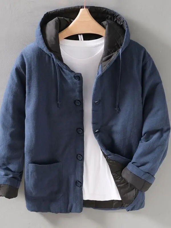 

Утепленная мужская хлопковая куртка в китайском стиле, ретро-костюм Тан, зимнее пальто с капюшоном, молодежное, приталенное, с длинными рукавами