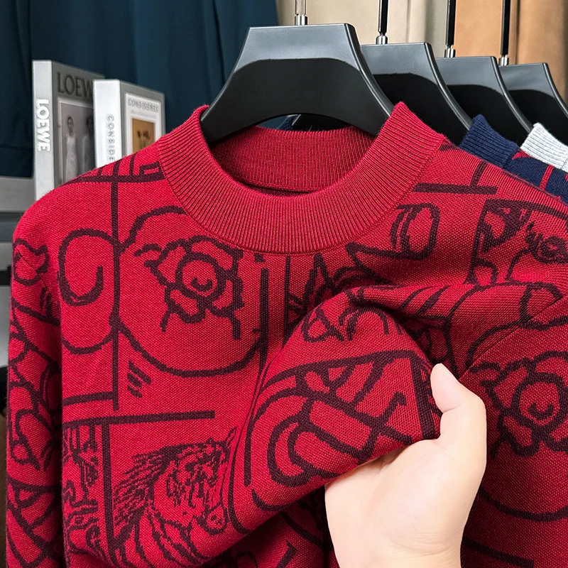 Light luxury brand men'sknitted warm sweater autumn winter fashion personalized graffiti design youth casual round neck pullover
