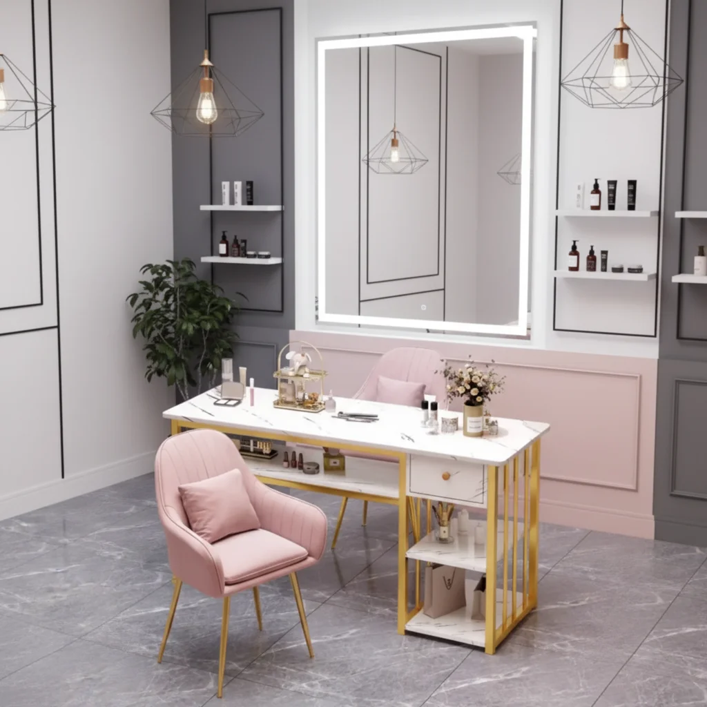 Modern Pink Wooden Nail Table with Durable Metal Base Commercial Living Room Furniture Nail Station Flash Durable