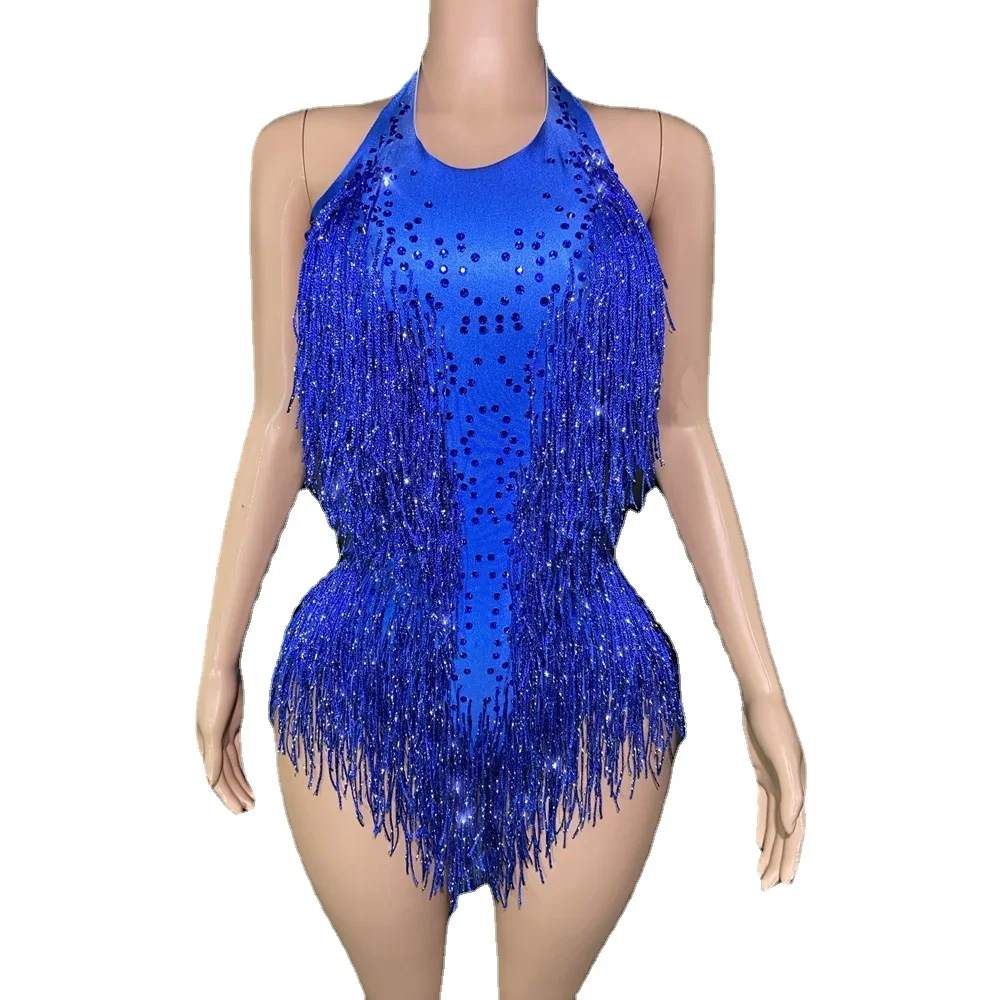 

Sparkly Rhinestones Fringes Leotard Sexy Tassel Bodysuit Jazz Dance Costume One-piece Stage Wear Dancer Performance Show