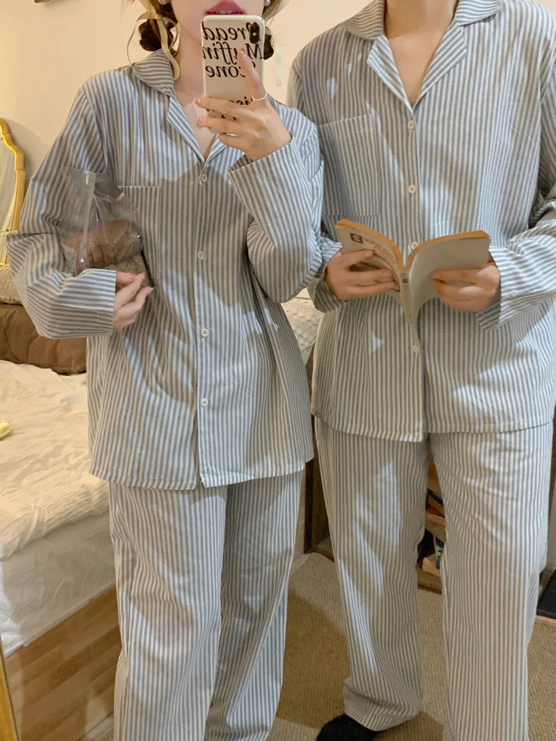 Striped Print Autumn Pajamas Set Women Single Breasted Shirts + Pants Vintage Cotton Sleepwear Two Piece Home Suit Couple Lovers