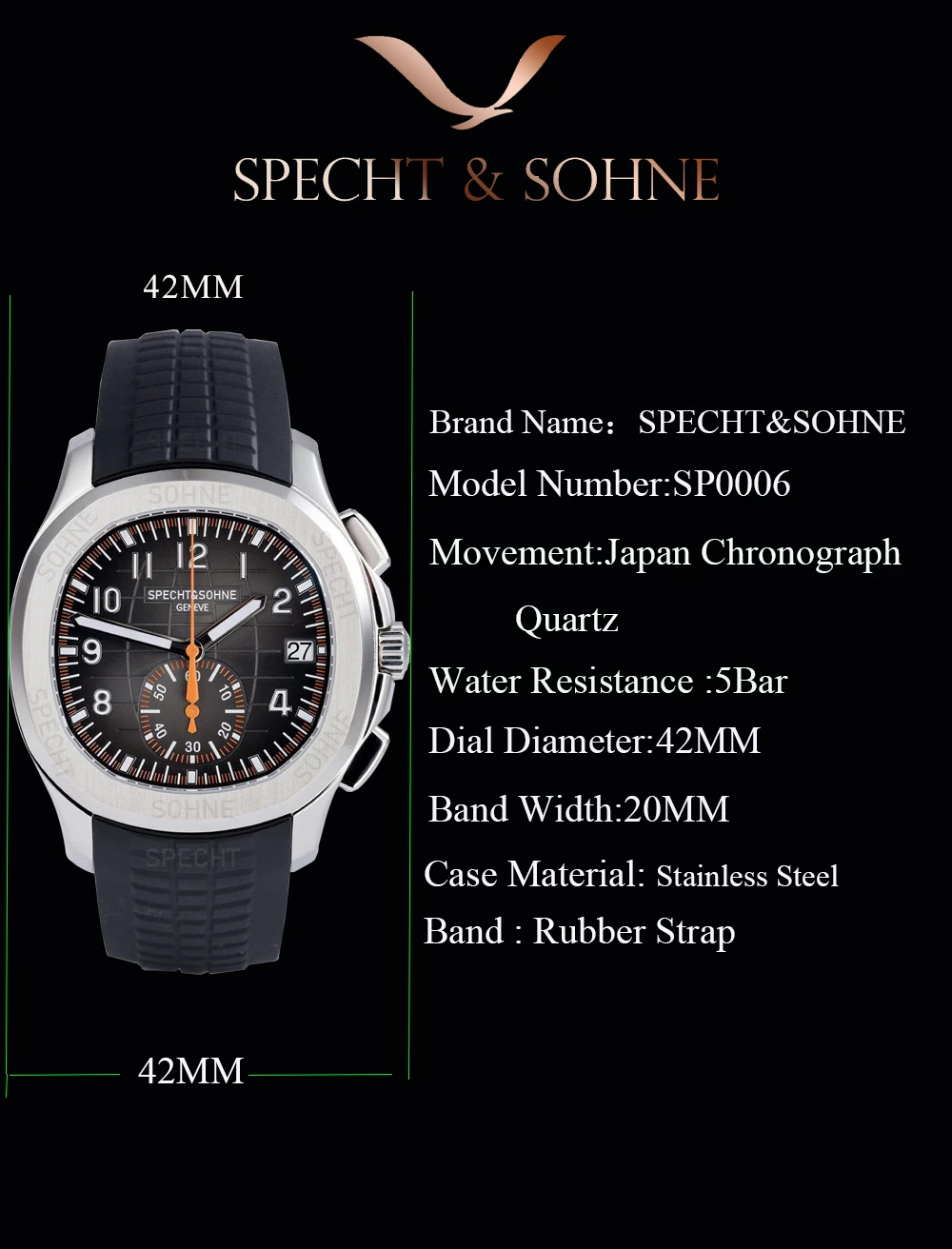 Spcht & Sohne 남성용 기능성 5167 스포츠 손목시계, 40mm 로즈 골드 스테인리스 스틸, 브랜드 쿼츠 시계, 5Bar, 신상