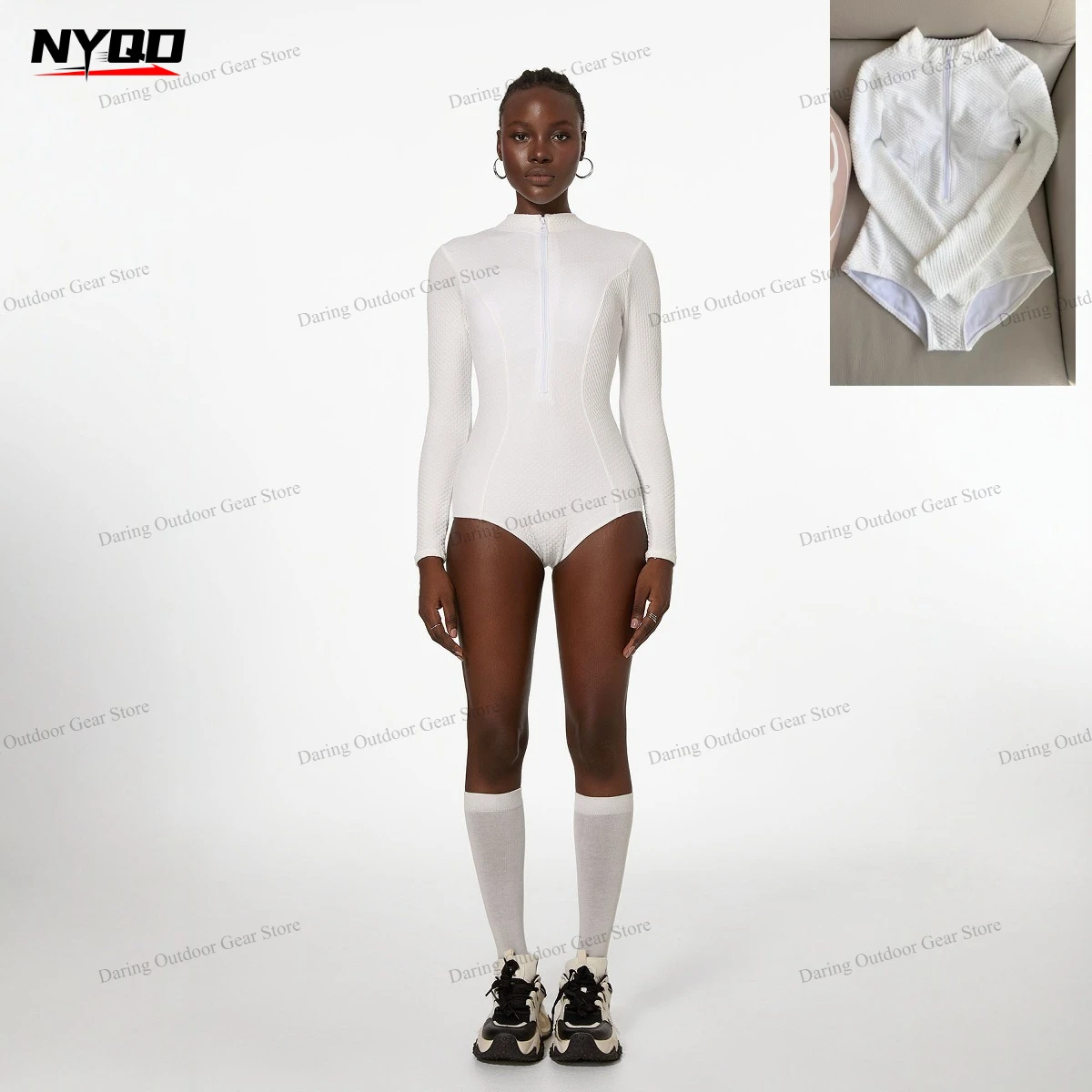 

2026 White Long Sleeve One Piece Swimsuit Women Solid Color Sun Protection Quick Dry Bathing Suit Hot Spring Surfing Diving Suit