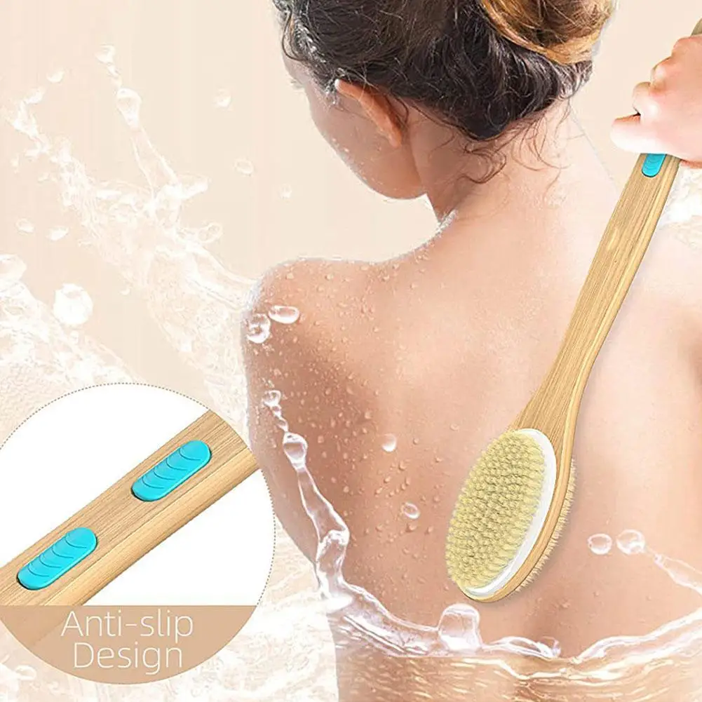 Escova de chuveiro de bambu com cerdas macias e rígidas, alça longa dupla face para banho, purificador traseiro, esfoliante corporal, escova úmida ou seca