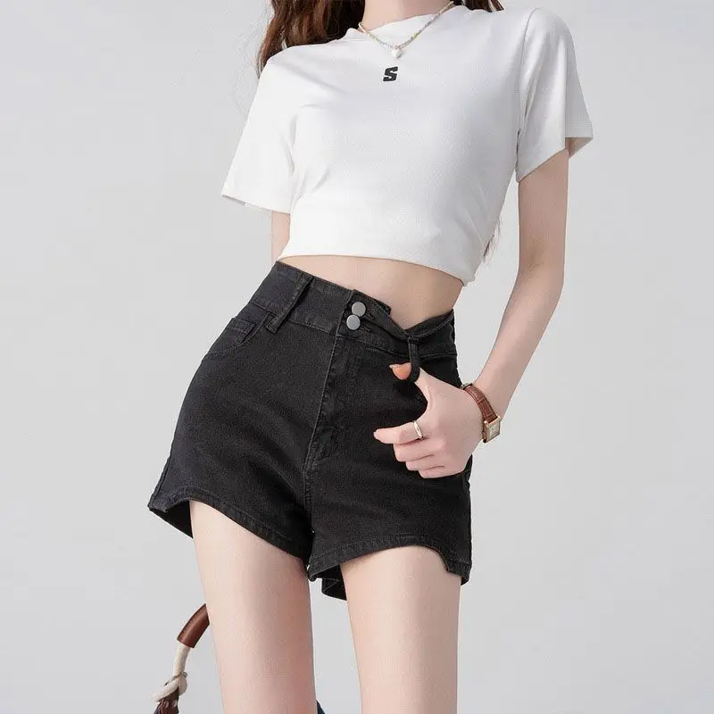 

Bla Elastic High Waist Denim orts Spring Women's Faion 2025 Two Button Design Versatile Trendy Hot Pants Commute Sle ...