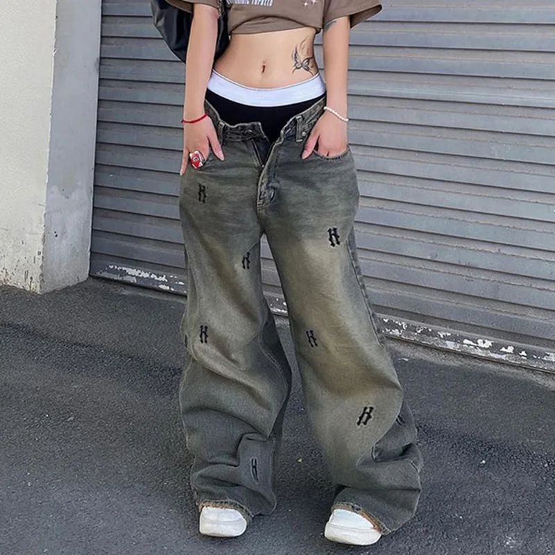 

Hip-hop style low-waist jeans Y2K retro distressed print simple letter jeans street loose casual wide-leg pants for women