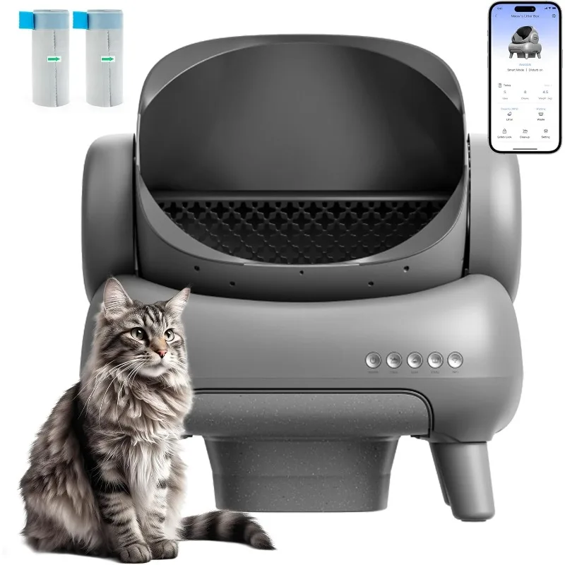 

Open-Top Self Cleaning Cat Litter Box, Automatic Cat Litter Box with APP Control, Odor-Free Waste Disposal includes Trash Bags