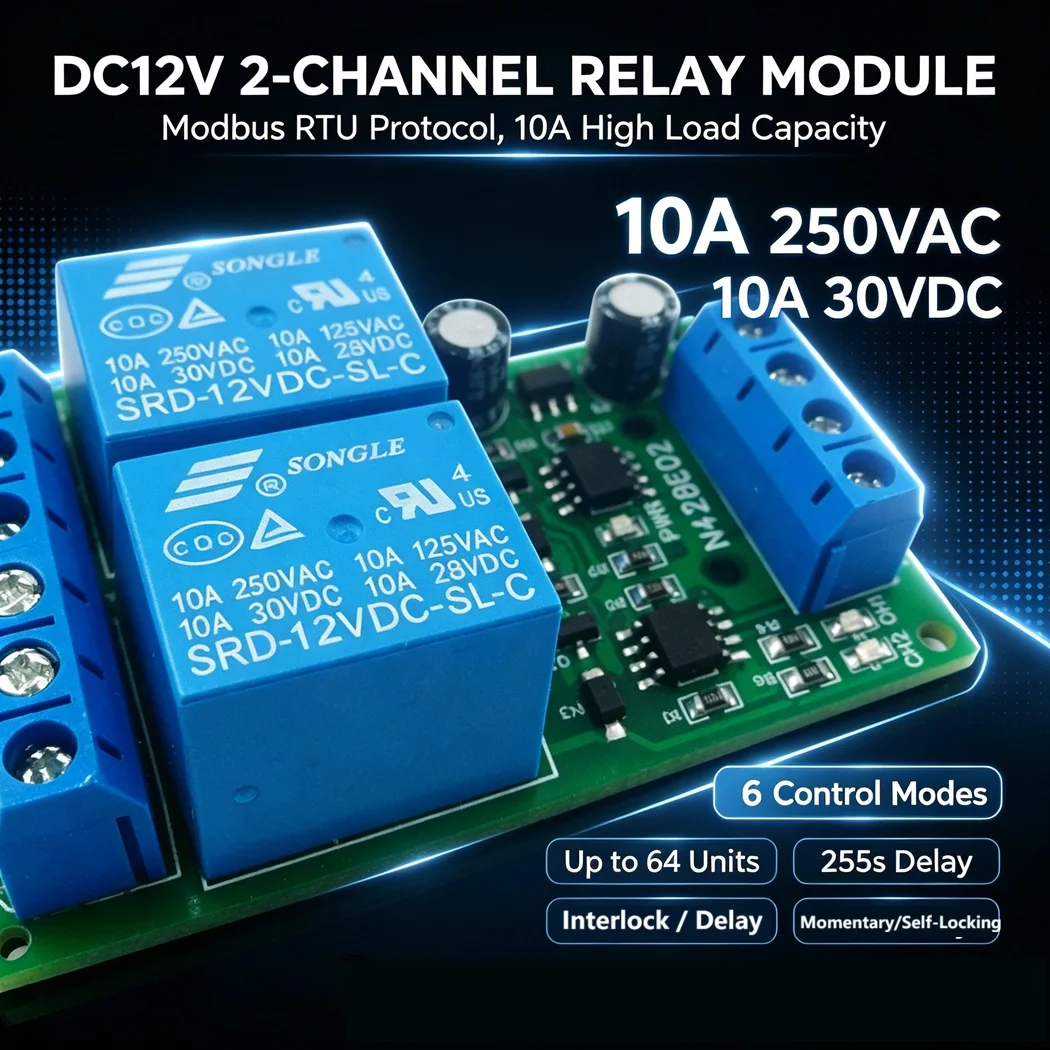 Modbus RTU Relay Module DC12V 2 Channel PLC Output Expansion Board 10A 6 Working Modes for Smart Home CCTV Motor Control