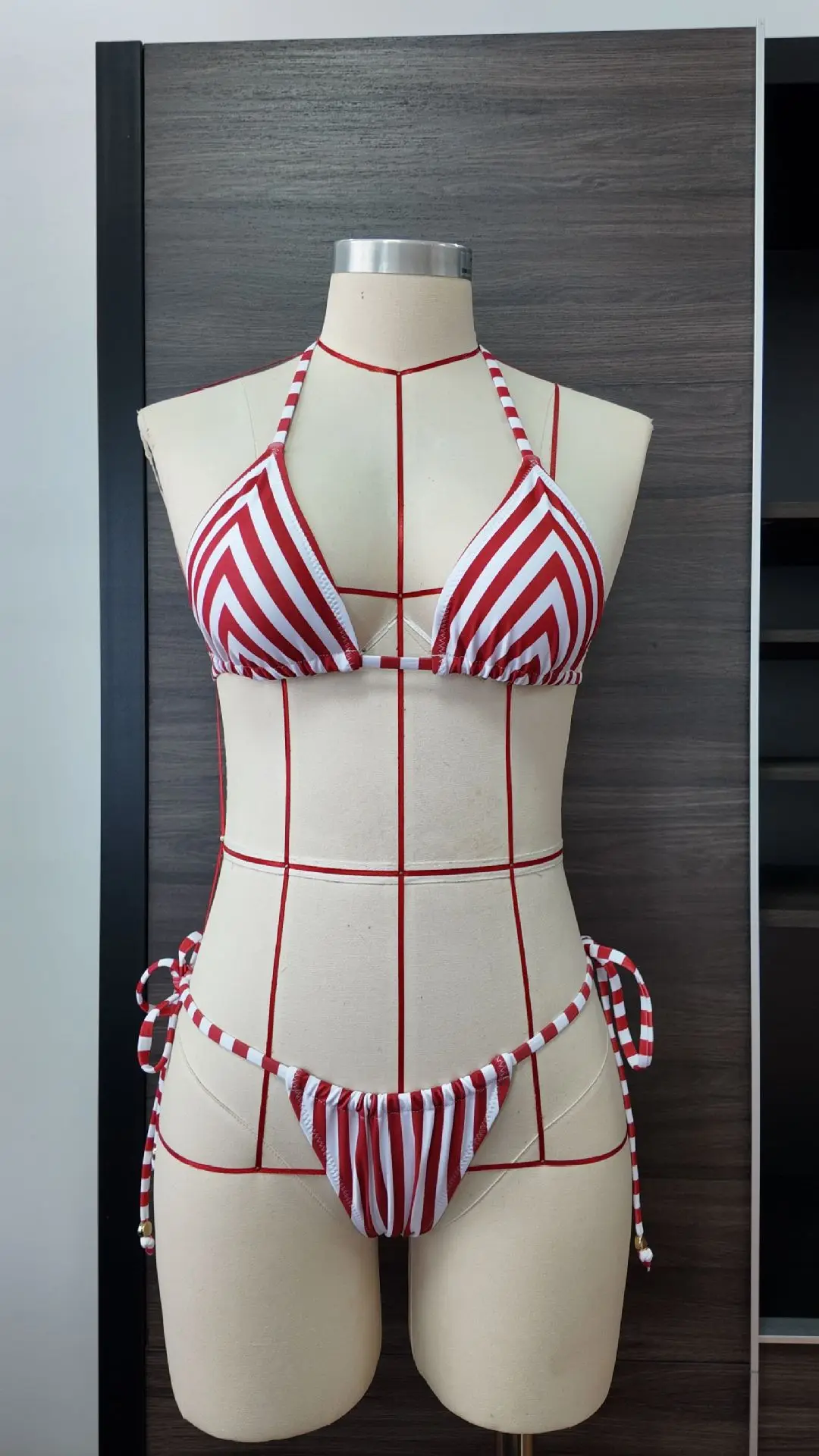

2026 New Sexy Red Striped Bandage Bikini Set Halter Swimsuit Women Biquini Thong Swimwear Beachwear Bathing Suit Brazilian
