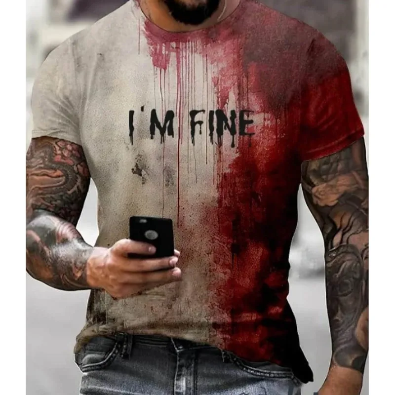 2024 New Funny Men's Blood I'm Fine Halloween Print T-shirt Funny Blood Men's Fun Round Neck Casual Short Sleeve