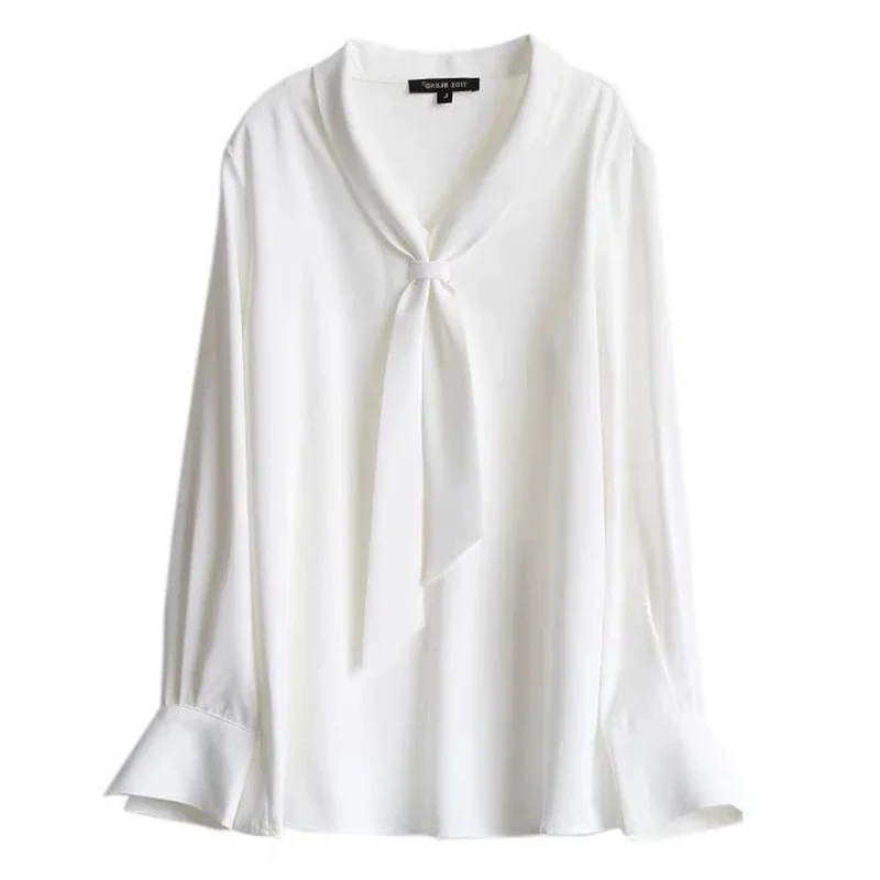 Women Spring Summer Style Blouses Shirts Lady Casual Long Sleeve Bow Tie Collar White Color Blouses Shirts