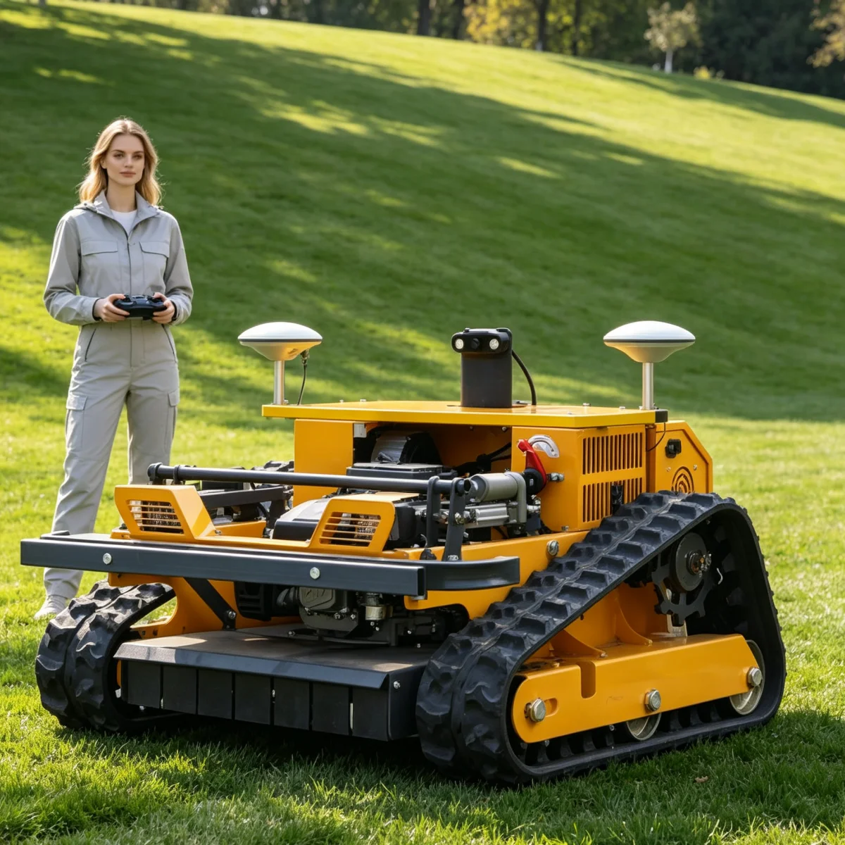 Customized 550GPS Lawn Mower, Yellow Self-propelled Remote Design For Pasture Thick Grass Cleaning Work
