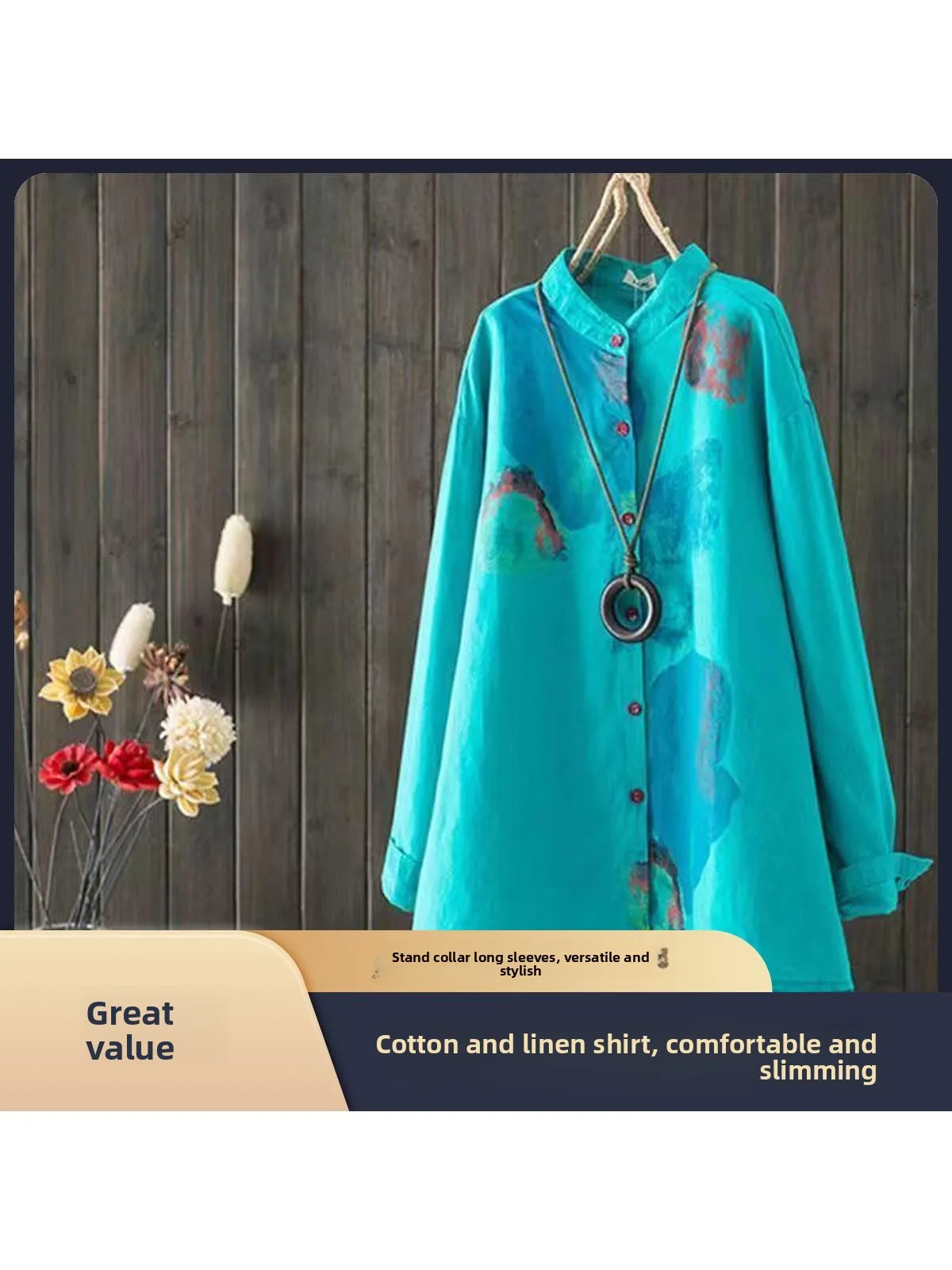 

Loose Fit Cotton Linen Long Sve irt Stand Collar mid Length Slimming Brand Women's Faion Commute Sle Ethnic Print