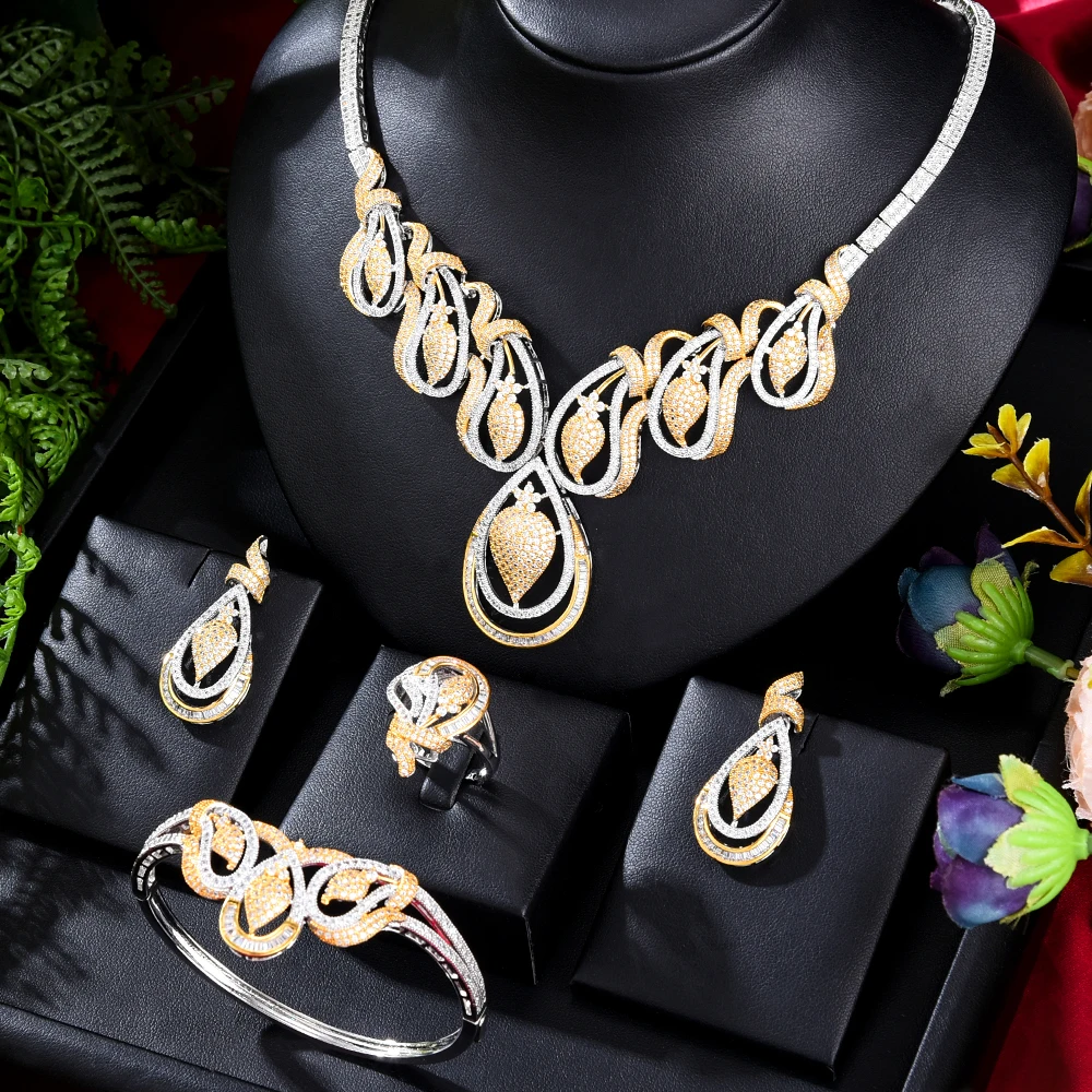 GODKI Fashion Hollow Flowers 4PCS Nigerian Jewelry Set For Women Wedding Party Zircon CZ Indian African Bridal Jewelry Set 2020