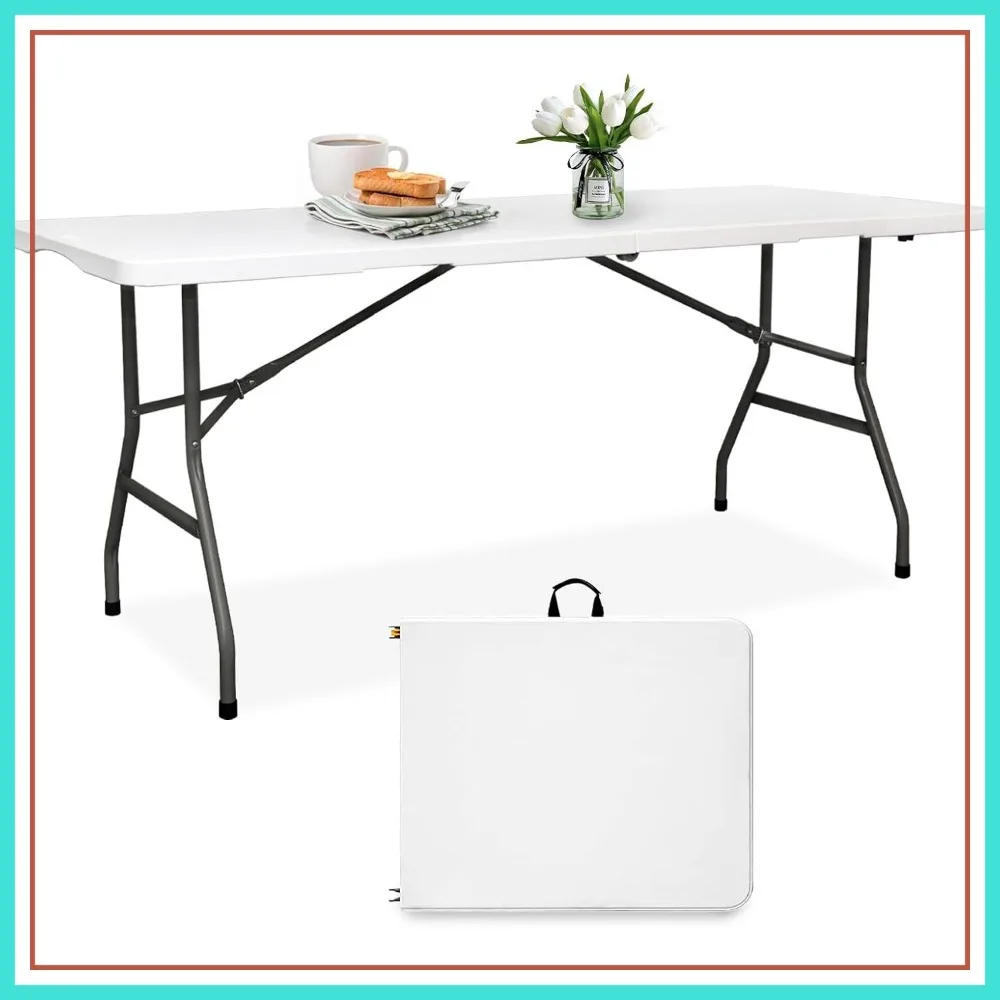 

6FT Folding Table Plastic Heavy Duty Portable Fold-in-Half Banquet Table for Parties Picnic Camping Wedding Garden Dining White