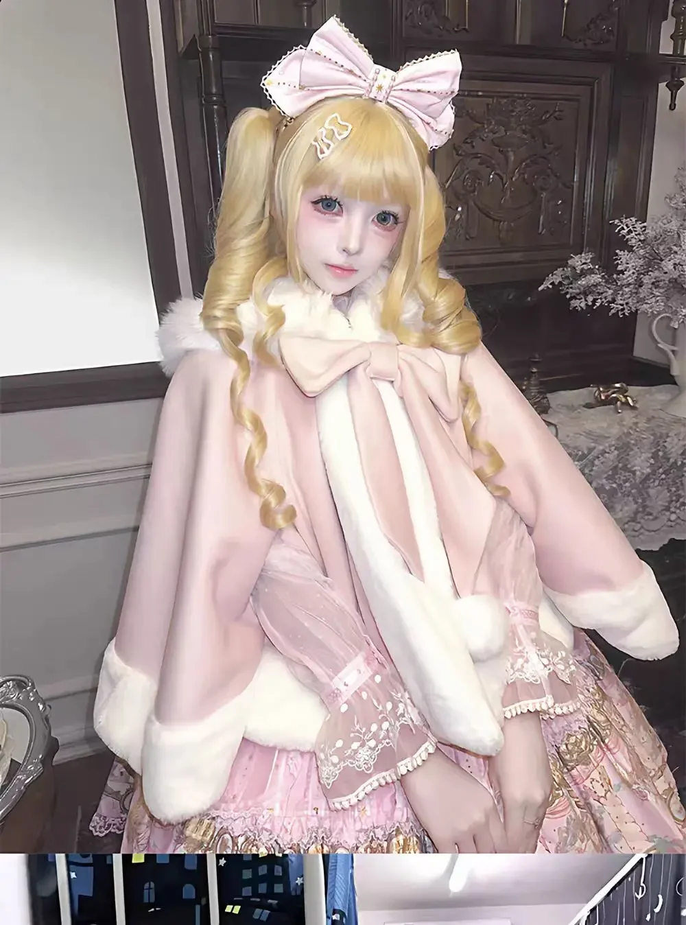 Women 2026 Xmas Lolita Hooded Cloak Sweet Bow Patchwork Warm Cape Kawaii Winter Outerwear Jacket For Gathering