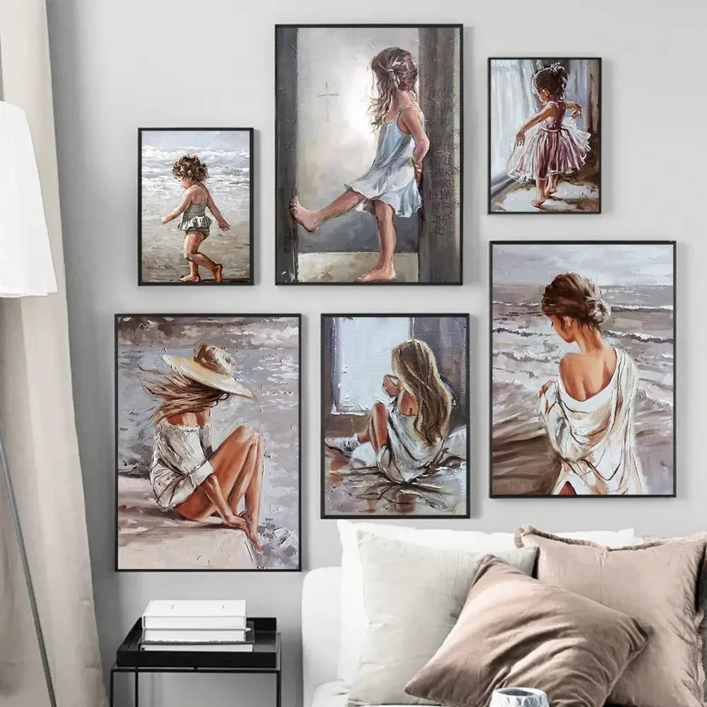 ملصق فتاة ملونة بمشهد شاطئ تجريدي ، لوحة جدارية مطبوعة من قماش الكانفاس ، صور فنية لغرفة المعيشة الحديثة ، هدية لديكور المنزل