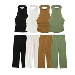 UNIZERA2024 Summer New Product Casual Women's Clothing Texture Hanging Neck Collar Strap Tank Top Straight Pants Set