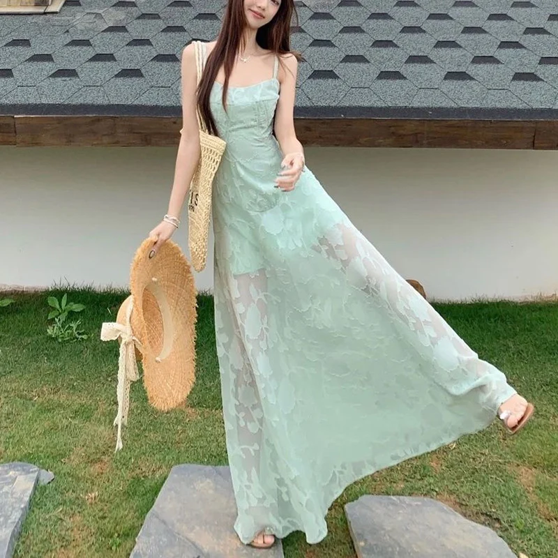 Francuska haftowana sukienka na ramiączkach damska plaża Spaghetti pasek głęboki dekolt sukienka Maxi kobieta Temperament linia A sukienka bez rękawów Mujer