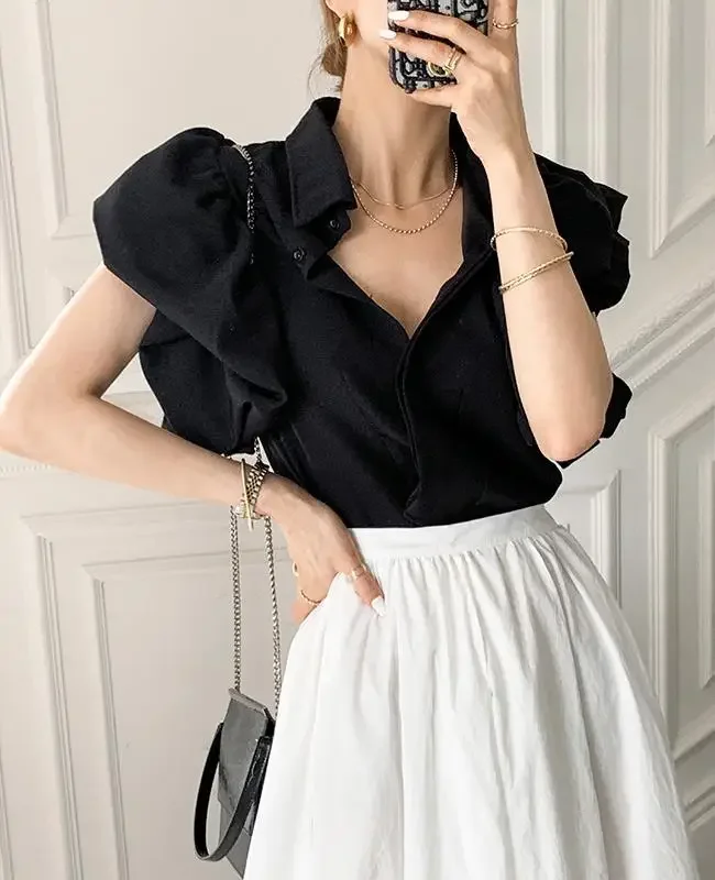 

Casual Black Shirts Women Camisa Feminina Blusas Single Breasted Palace Style Puff Tops Lantern Short Sleeve Blouse Summer Shirt