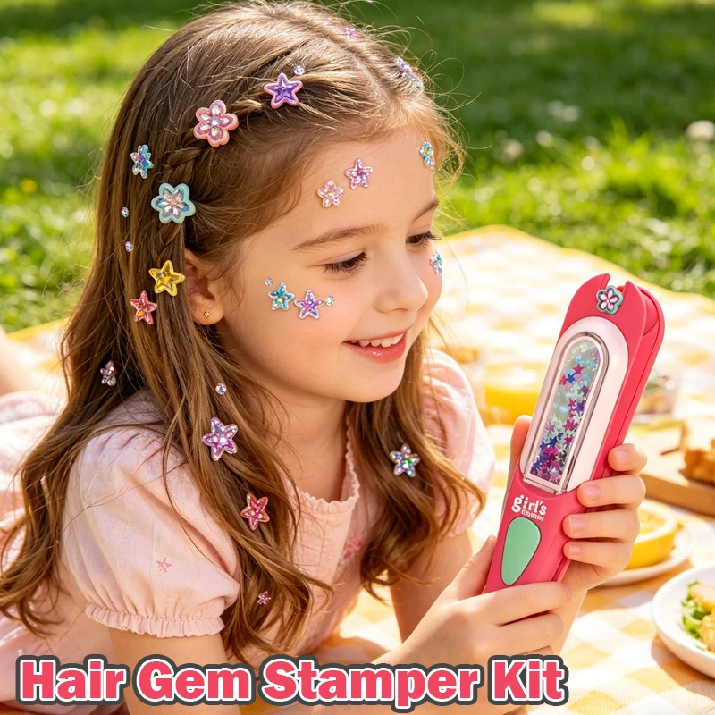 Hair Gem Stamper Kit Bling Jewels with Reusable Diamonds Hair Styling Tool for Girls Beauty Toy Dress Kid Glitter Headwear Gifts