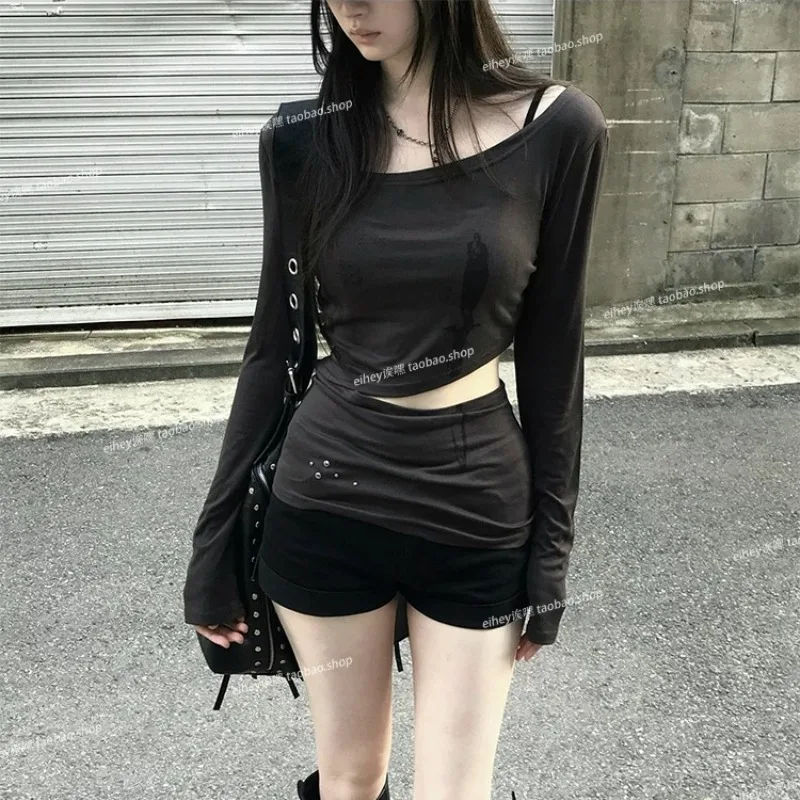 Streetwear Hollow Sexy Slim Long-sleeved T-shirt Women 2026 Autumn New Slant Collar Printed Fashionable All-match Tops