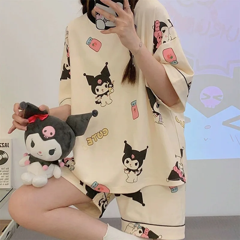 Sanrio Short Kuromi Sleeve Nightwear Pajama Set Women Print Sleepwear Round Neck Short Sleeved Top Loungewear Homewear Gift