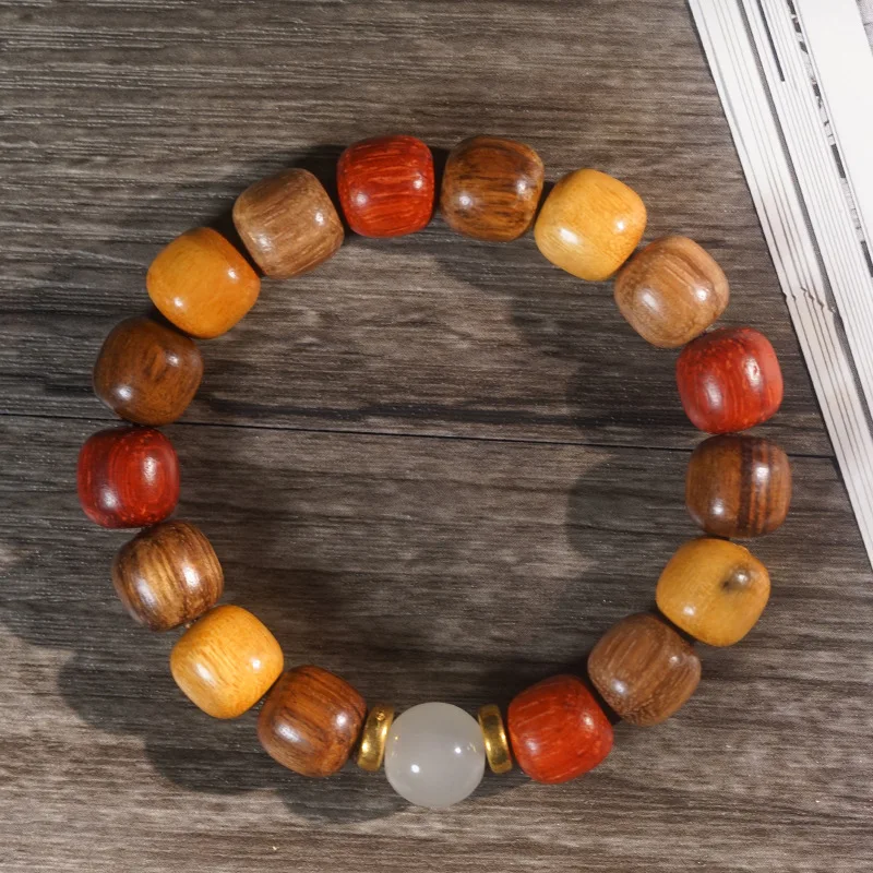 Luminous Mixed Gem Beads Oval Beads Red Sandalwood Auspicious Three Treasures Unisex Vintage Single Circle Bracelet