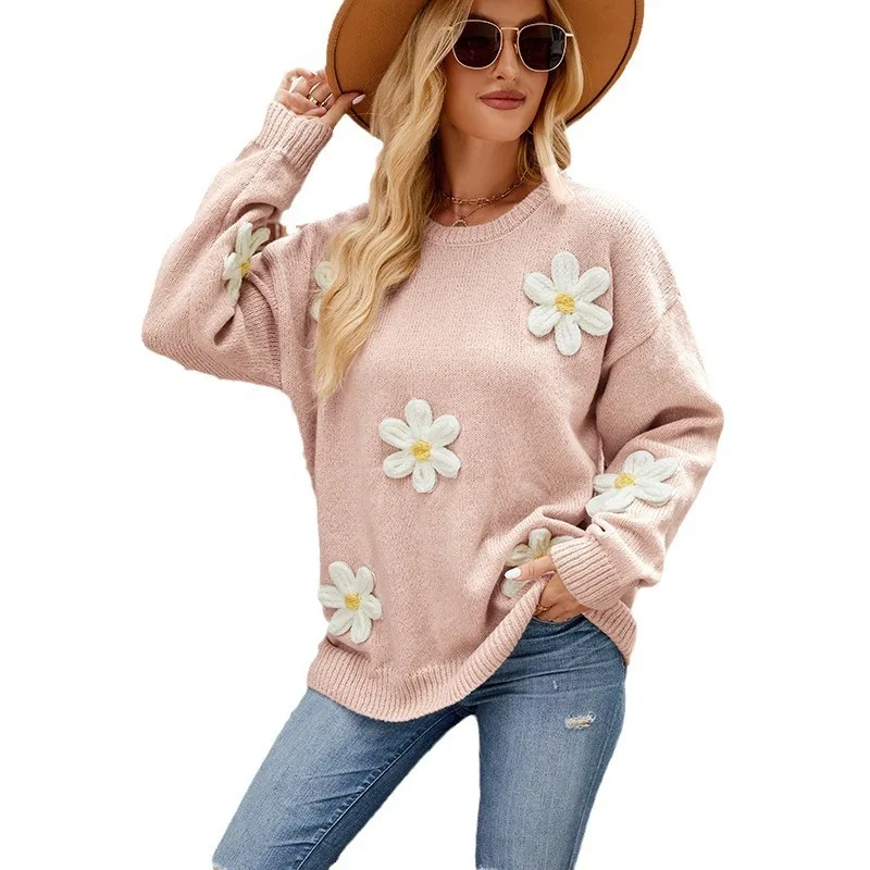 Casual Long Sleeved Knitted Sweater Loose Lazy Women's Round Neck Flower Three-dimensional Crochet Christmas Snowflakes Sweater