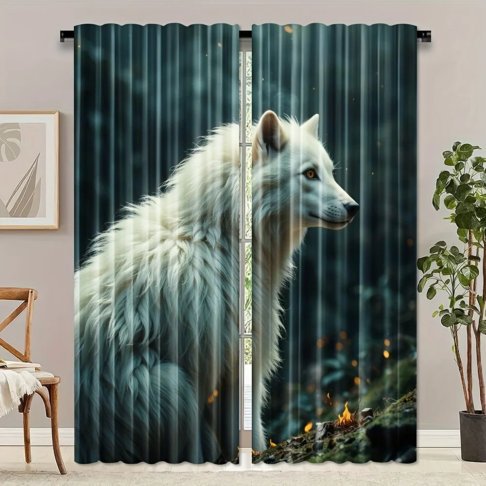 Forest White Wolf Rod Pocket Curtain Realistic Arctic Wolf Dim Woods Fire Sparkle For Studio Men Bedroom Bay Window Decor
