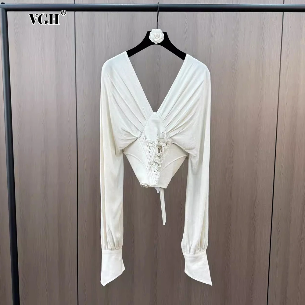 VGH Spliced Bandage Sexy Club Vest For Women Strapless Sleeveless Backless Patchwork Folds Tub Top Female Autumn Clothing Style