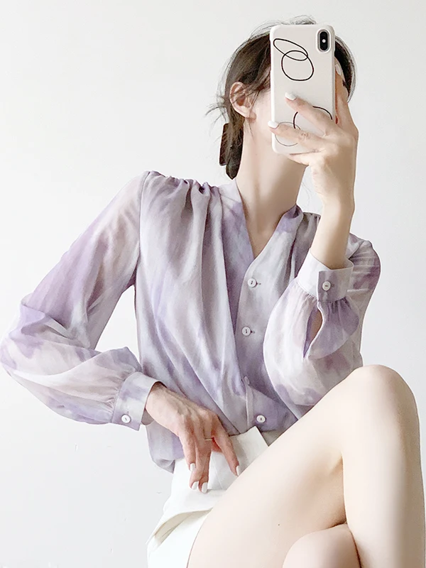 

Sana Summer 2023 Women's Loose Long Sve V-Ne Chiffon Printed Blouse Ele adient Color irt Casual Faion Top
