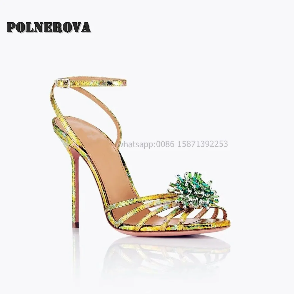 

Rhinestone Flower Hollow Out Sandals Peep Toe Stiletto Buckle Strap Large Size Women High Heels Sexy Party Runway Shoes Summer