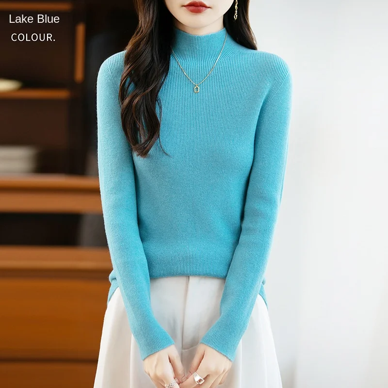 25 الخريف والشتاء جديد 100% آندي المخملية محبوك نصف الارتفاع سليم صالح رداء علوي من الصوف للنساء بأكمام طويلة الدافئة عالية تمتد