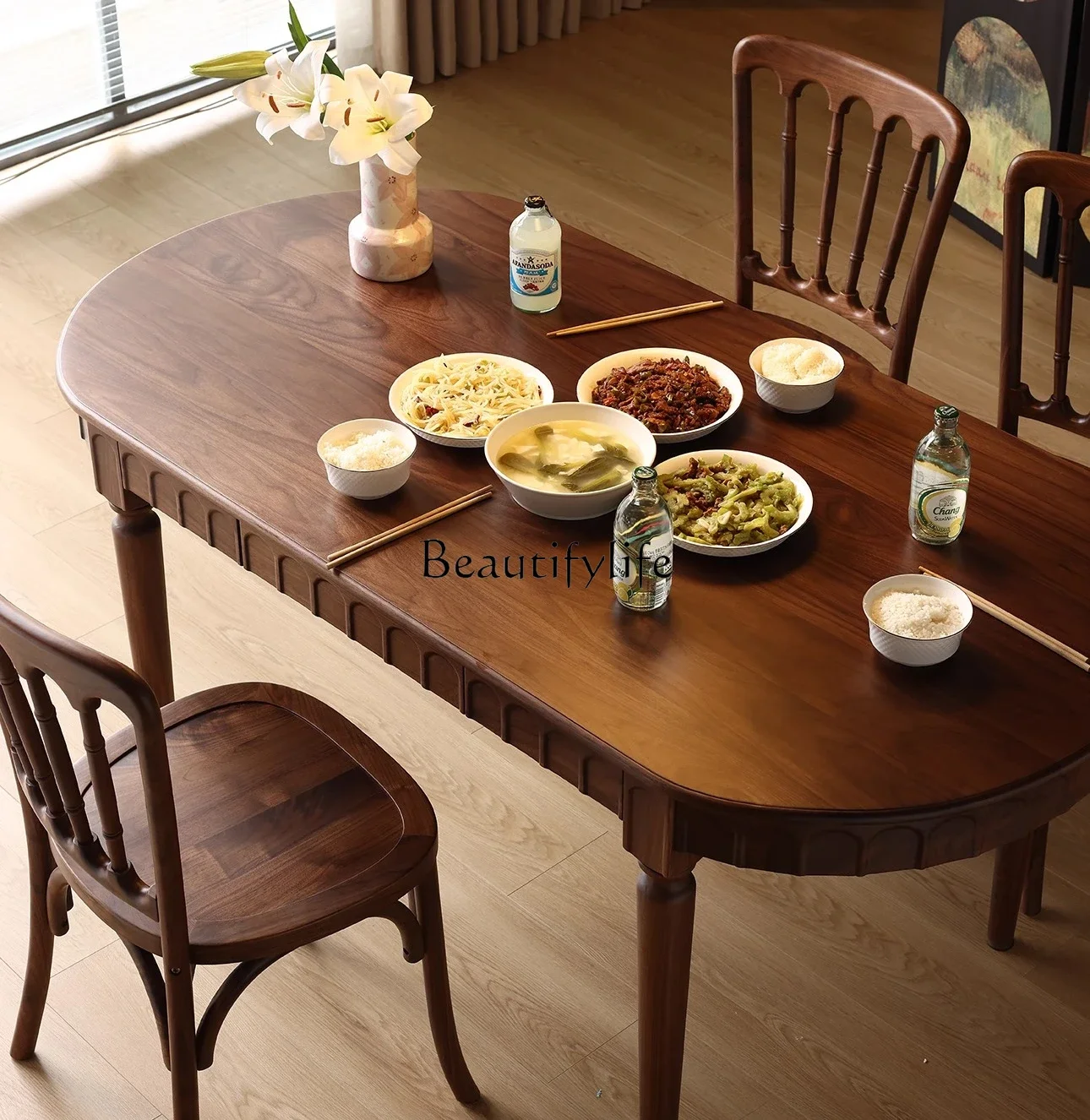 

LJY*North American black walnut solid wood dining table, antique rectangular household small apartment French retro dining table
