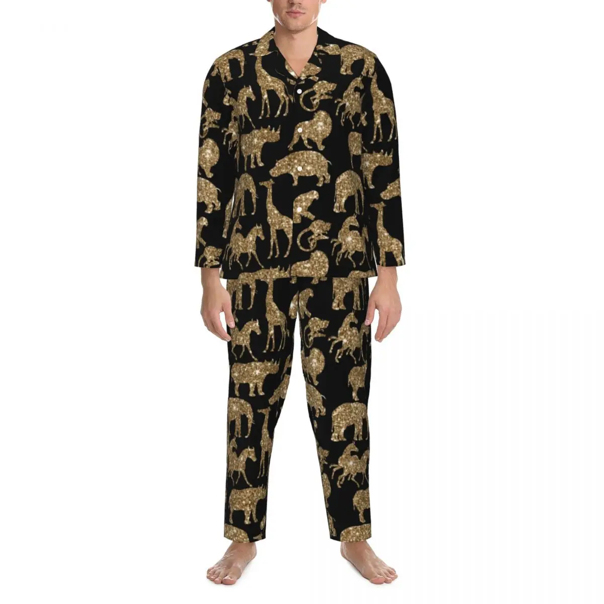 

Wild Animal Sleepwear Autumn Golden Glitter Print Casual Oversized Pajamas Set Men Long Sleeves Warm Bedroom Graphic Home Suit