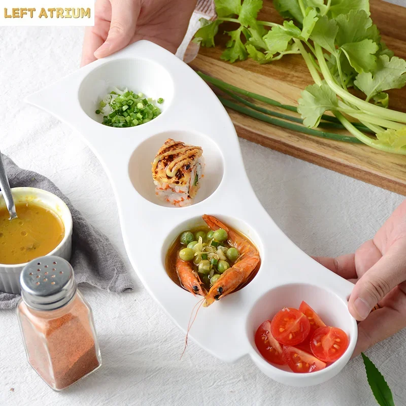 White Ceramic 4-Grid Bowl Creative Snack Bowl Dessert Multi Grid Bowl Seasoning Bowls Sushi Bowls Molecular Cuisine Tableware