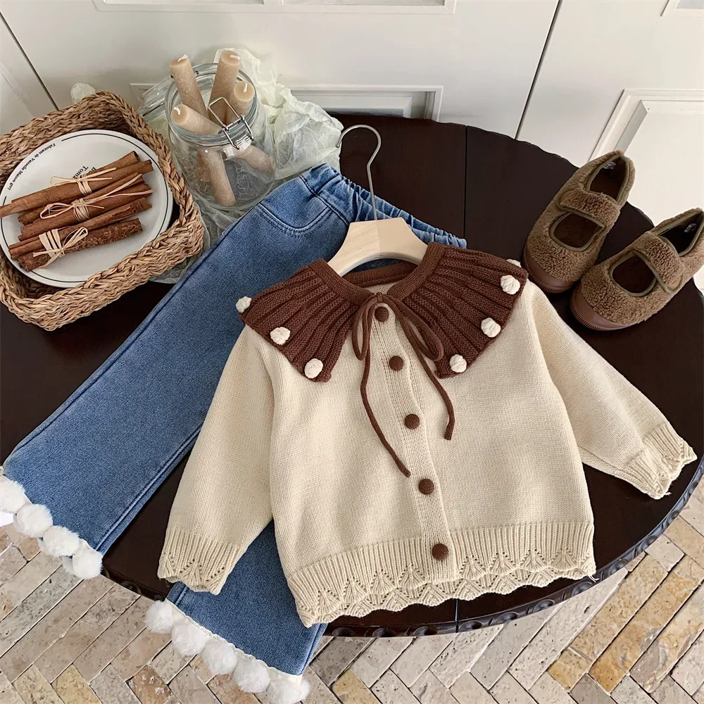 Sweaters Childrens Clothing Autumn New Korean Girl Big Collar Simple 2024 Loose Coat Baby Knitting Cardigan Striped
