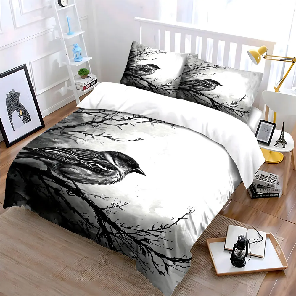 Bird on a Branch in Monochrome Duvet Cover Set with 3D Printing Design Soft Polyester Bedding Set All-Season Comfort for gifts
