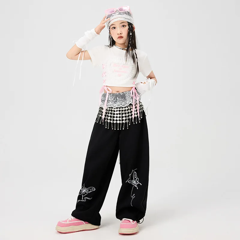 

Kid Kpop Hip Hop Clothing White Lace up Heart Crop T Shirt Top Black Casual Wide Sweat Pants for Girl Jazz Dance Costume Clothes