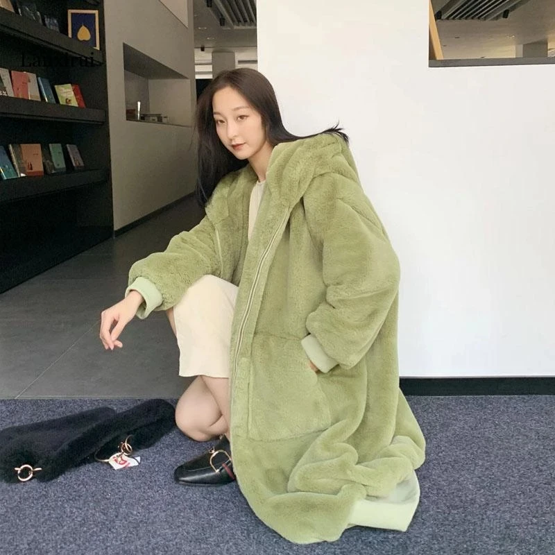 Elegant Hooded Long Winter Faux Fur Coat Women Fashion Plush Fur Coats Hoodies Loose High Quality Thick Warm Winter Fur Overcoat
