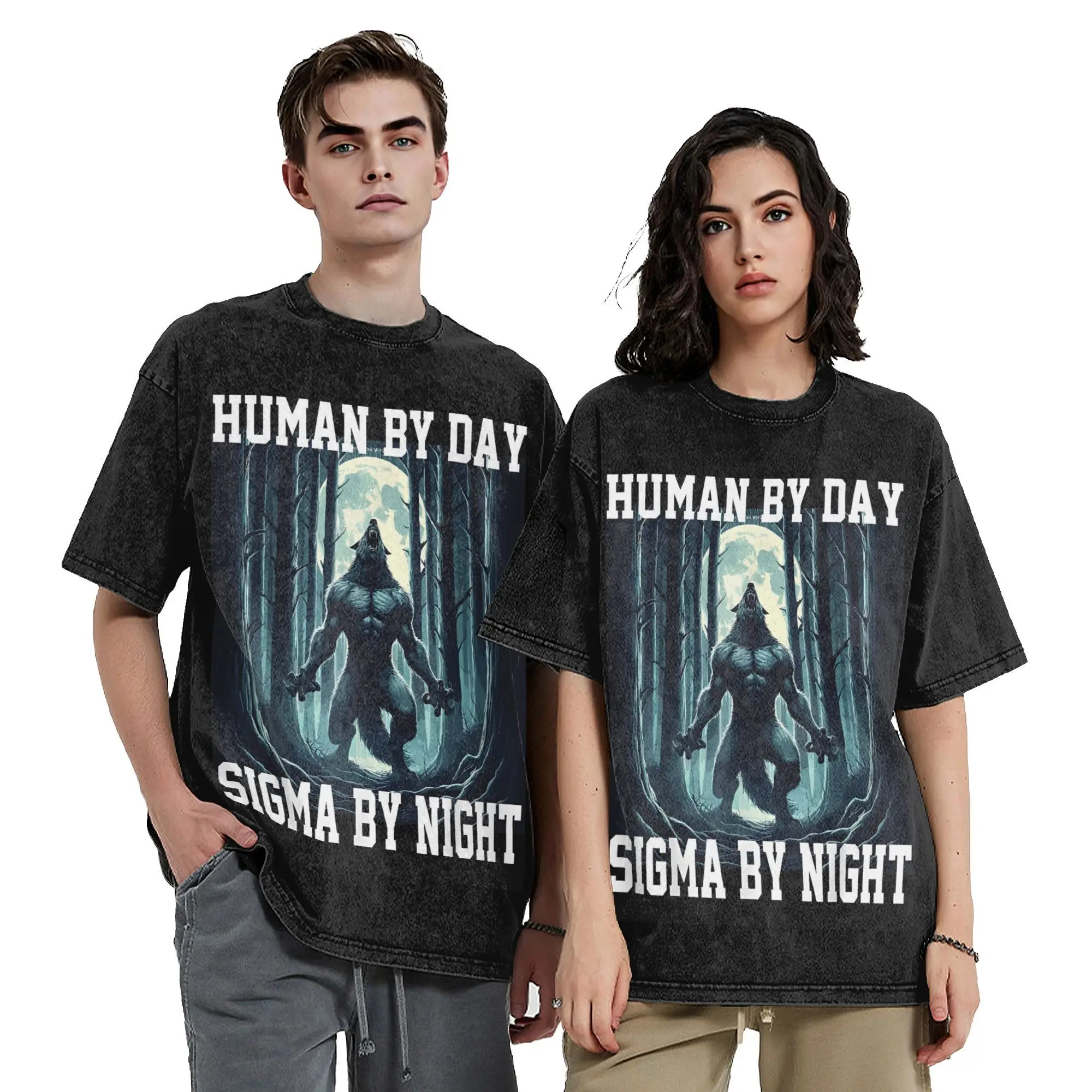 Retro Men Women Human By Day Sigma By Night Cool Wolf Meme Tee Shirt Washed Style  T Shirts Apparel