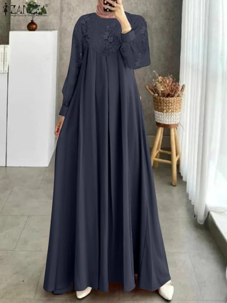 ZANZEA Spring Maxi Dresses Elegant Lace Abaya Muslim Fashion Long Dress Abayas For Women Long Sleeve O Neck Vestido Dubai Kaftan