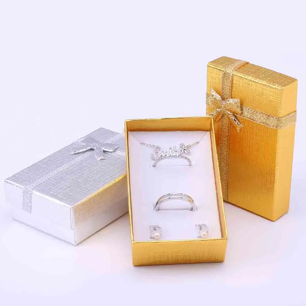 10Pcs 5x8x2.5cm Jewelry Box Gold Silver Gift Cardboard Boxes for Pendent Necklace Earrings Rings Bag Packaging with White Sponge