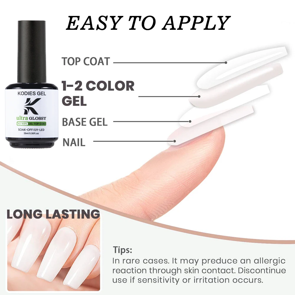 KODIES 젤 울트라 글로스 젤 탑 코트 매니큐어 UV 젤 네일 광택제, 반영구 슈퍼 샤인 탑 코트 네일 아트 바니시 실러, 15ml