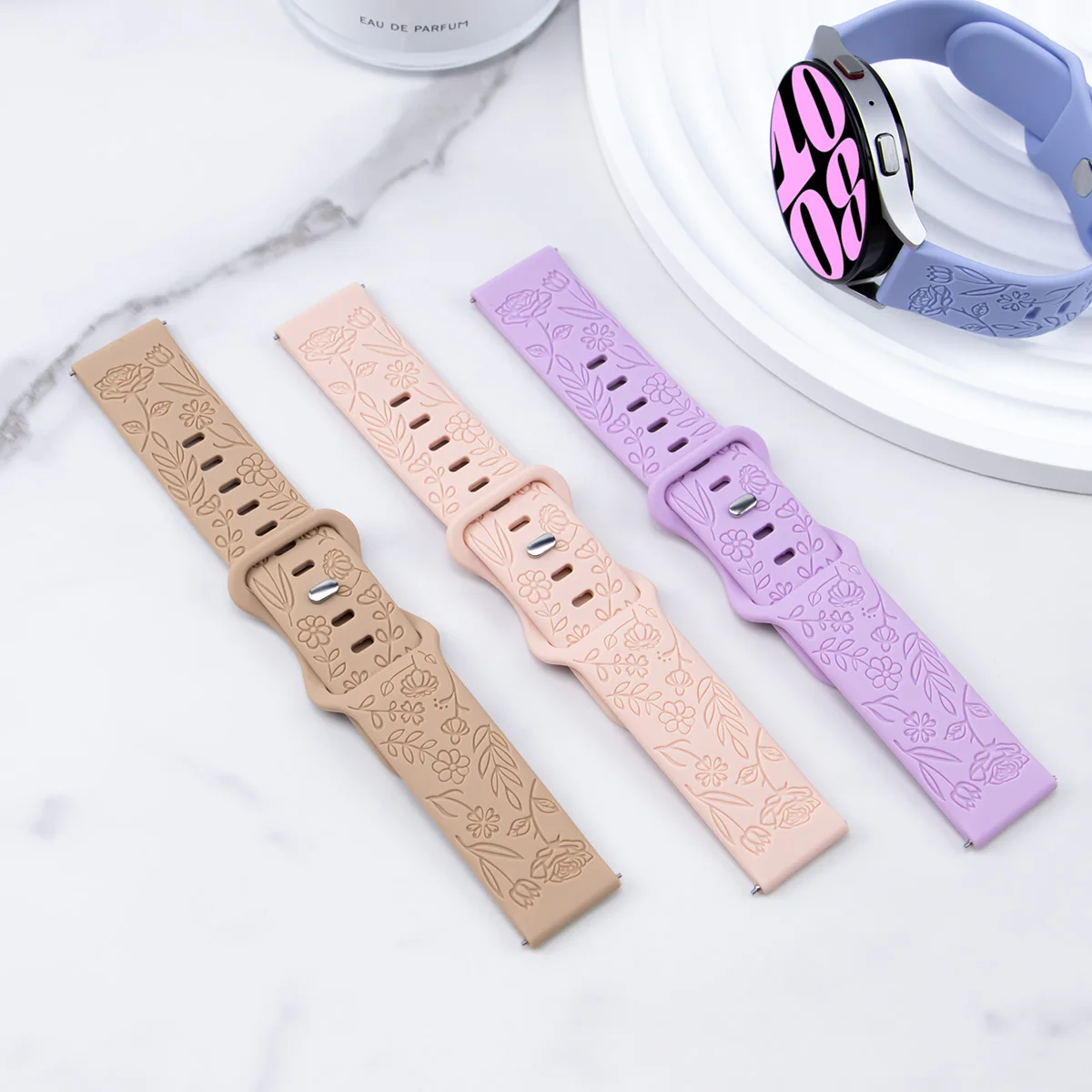 18mm 20mm 22mm Floral Engraved Band for Samsung Galaxy Watch 6/5/4 40 44 for Huawei GT 3 Pro Silicone Sport Strap 5 Pro Active 2