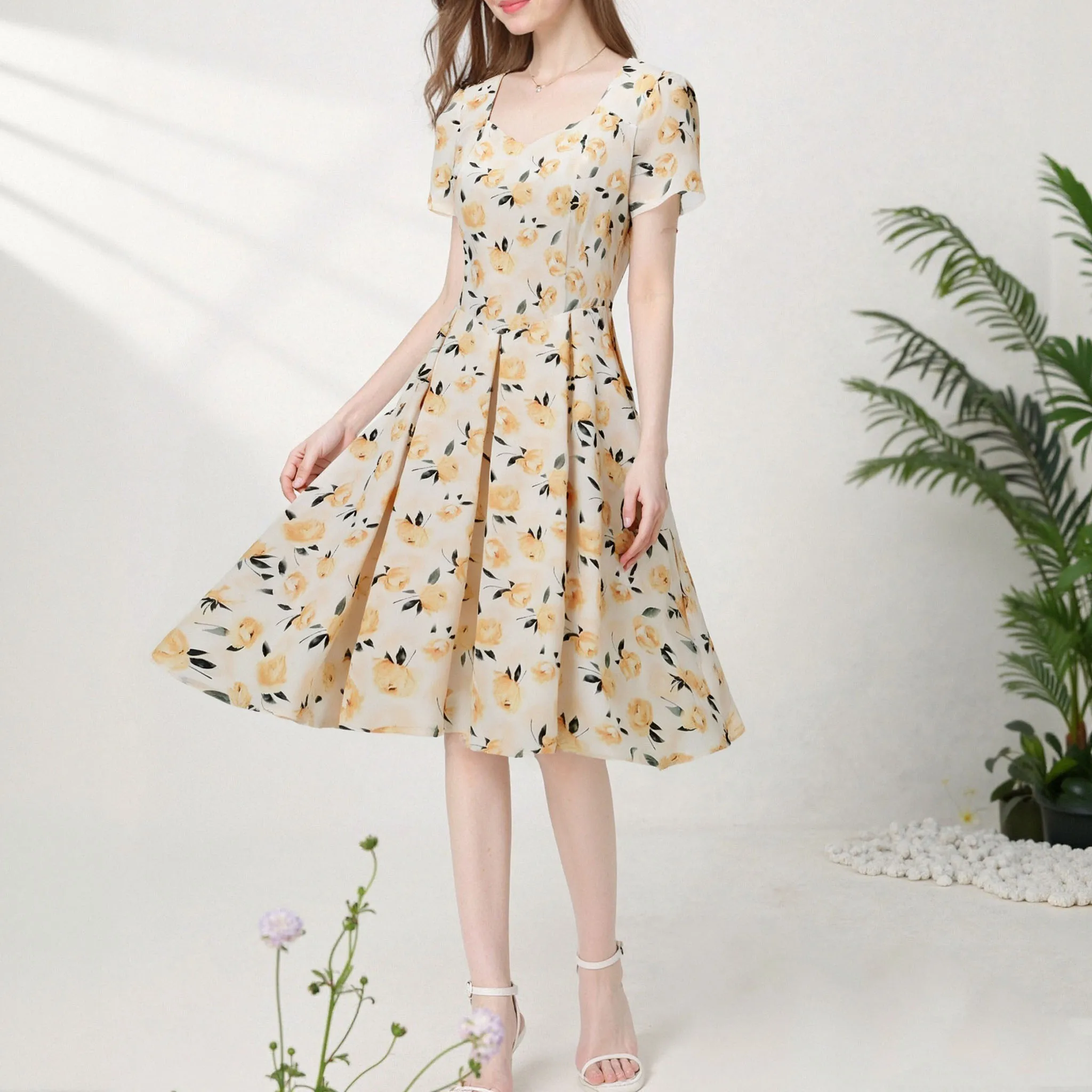 

Floral Elegant Summer 1950s Pinup Women Dresses Sweetheart Neck Pleated Gowns Retro Clothes Pleated Knee Length Vintage Dress