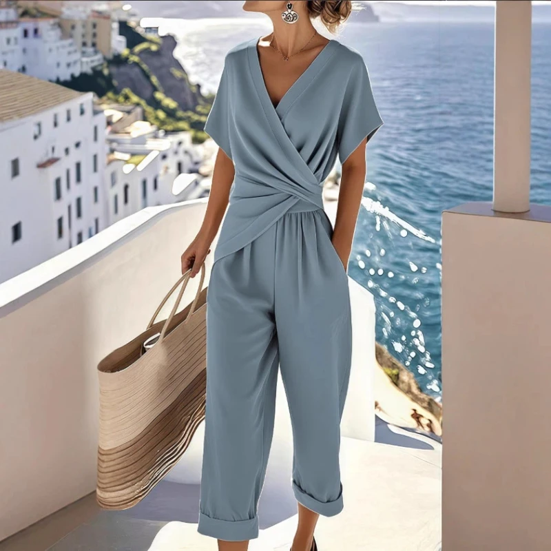 

Summer fashion women's solid-color irregular short-sleeved set - V-neck pleated top, long pants - two-piece trendy professional
