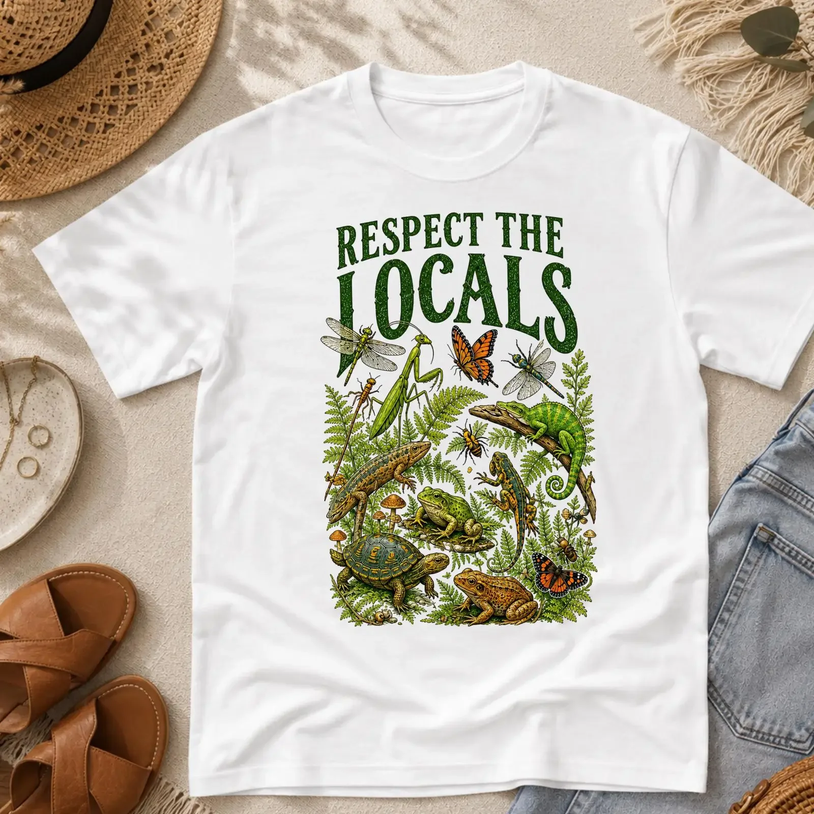 Respect The Locals Wildlife Forest Reptile Insect Frog Nature T Shirt Outdoor Camping Hiking For Lover  vintage Washed