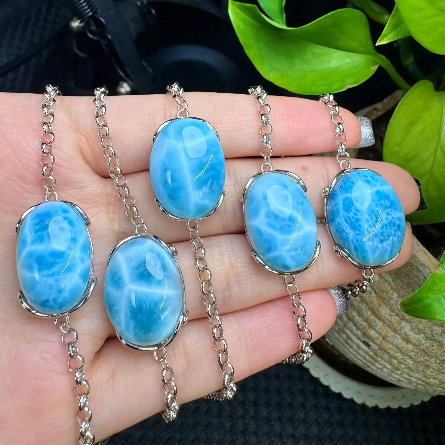 1Pc Fengbaowu Natural Dominican Republic Larimar Oval Cabochon Bracelet 20MM 925 Sterling Silver Reiki Healing Stone Gift